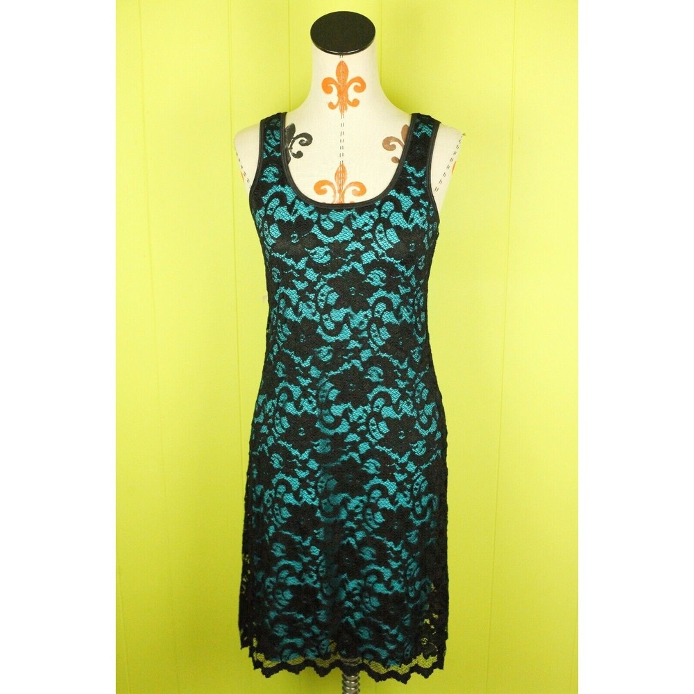 Karen Kane Sleeveless Stretch Sheath Dress Black Lace Blue Lining USA